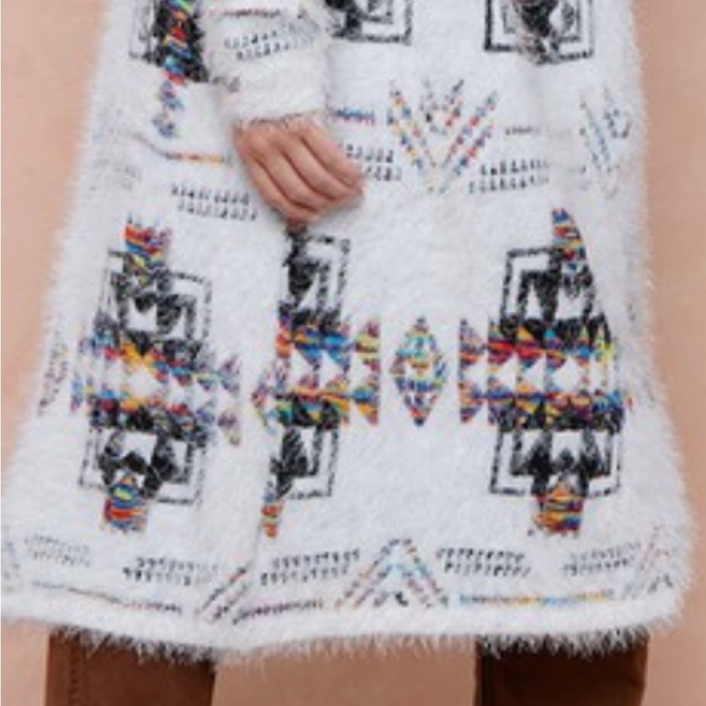 Aztec Rainbow Boho Cowichan Jacquard Eyelash Fuzzy Cardigan Knit Sweater - Picture 9 of 9